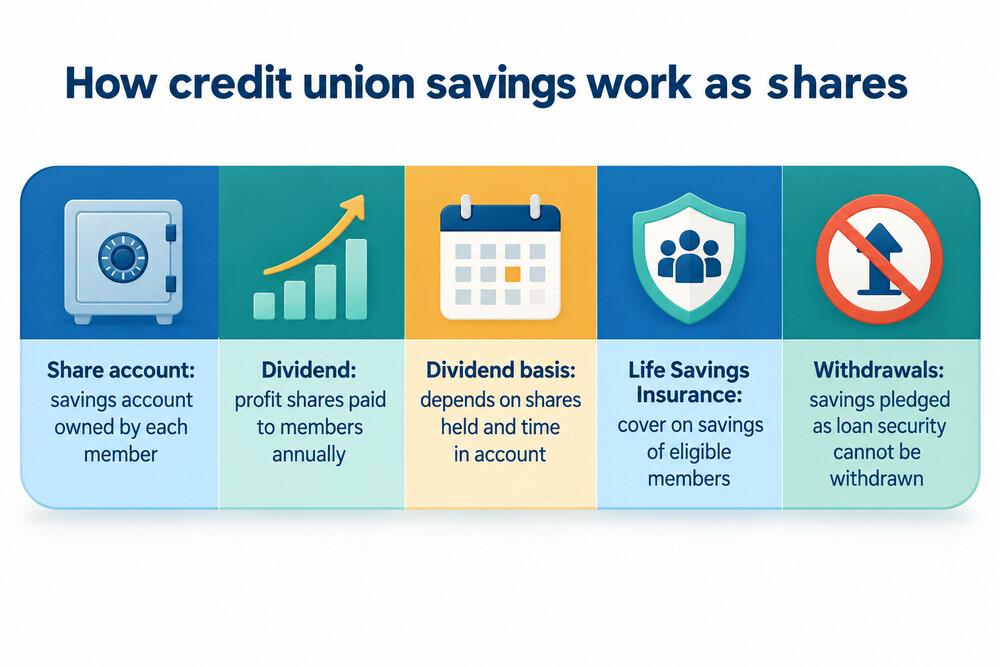 A credit union passbook and a savings statement showing shares held