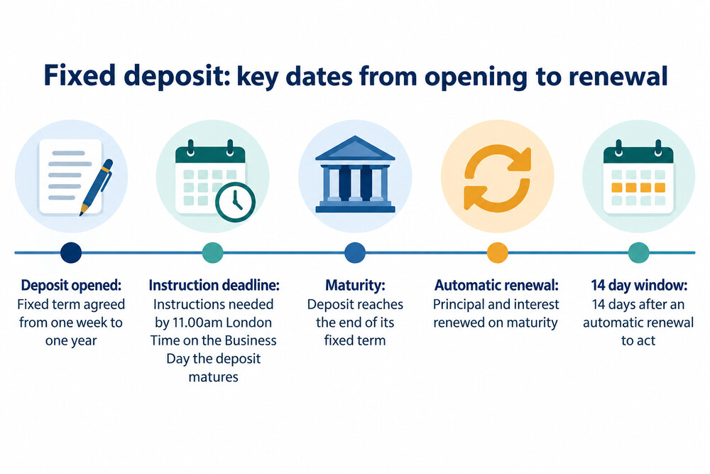 A timeline showing a fixed deposit from opening to maturity, with the instruction deadlines marked