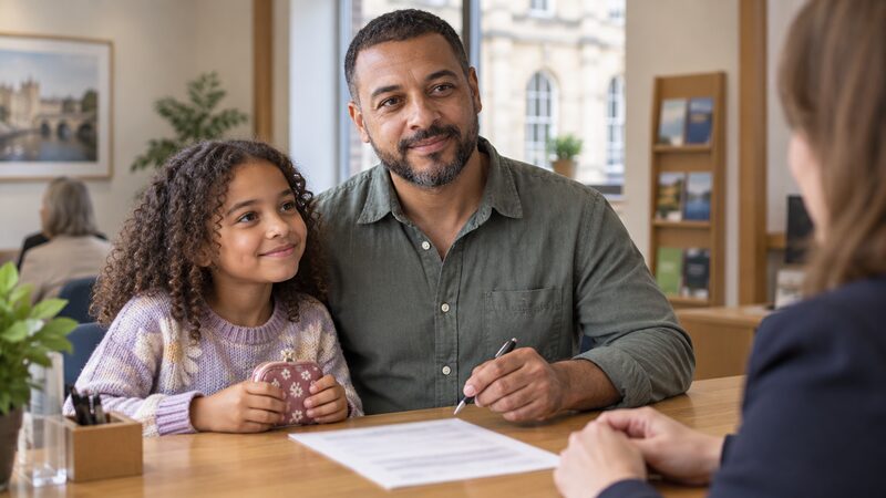 A child paying money into a savings account at a building society branch counter