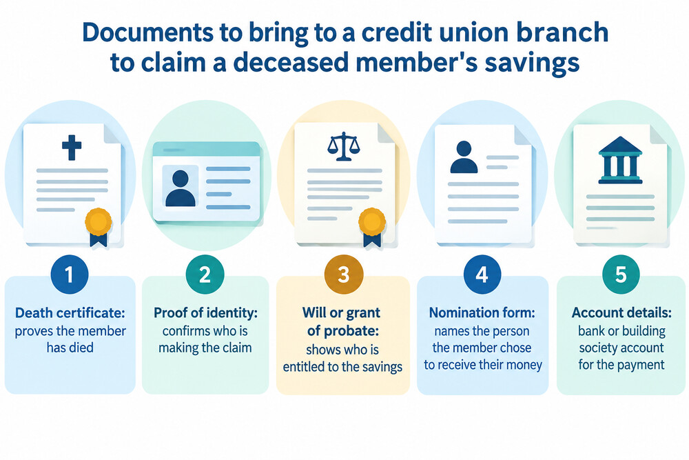 A short checklist of the documents a family needs to bring to a credit union branch to claim a deceased member's savings