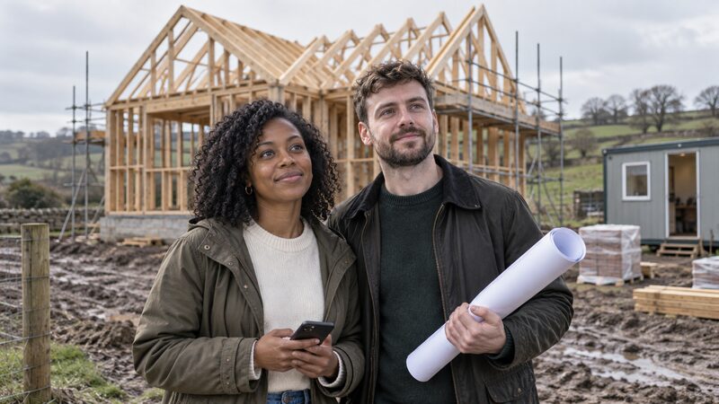 A self-build project at an early stage, with scaffolding and part-built walls, illustrating the stage a home reaches before the next release of mortgage money
