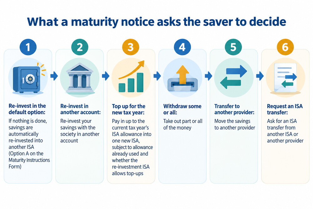 A fixed term savings account maturity notice showing the options a saver is asked to choose between