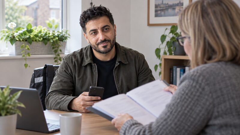 A mortgage adviser and client reviewing an application form at a desk