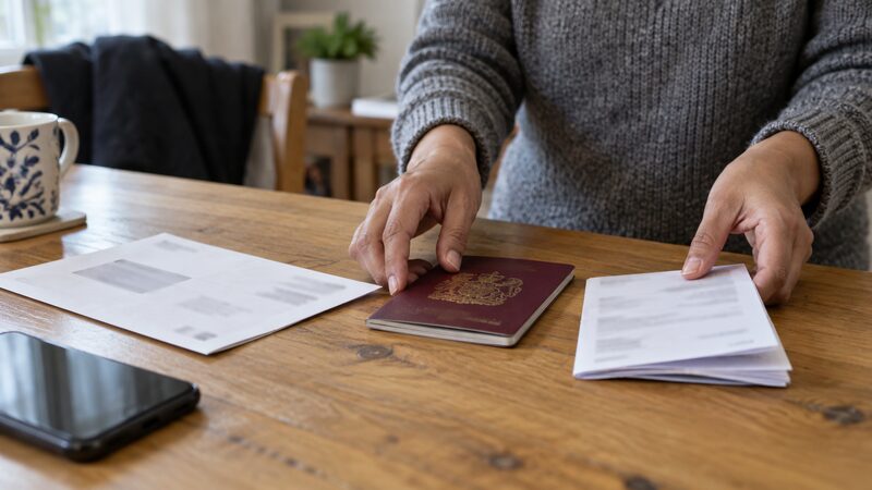 A passport, a utility bill and a bank statement laid out as identity documents