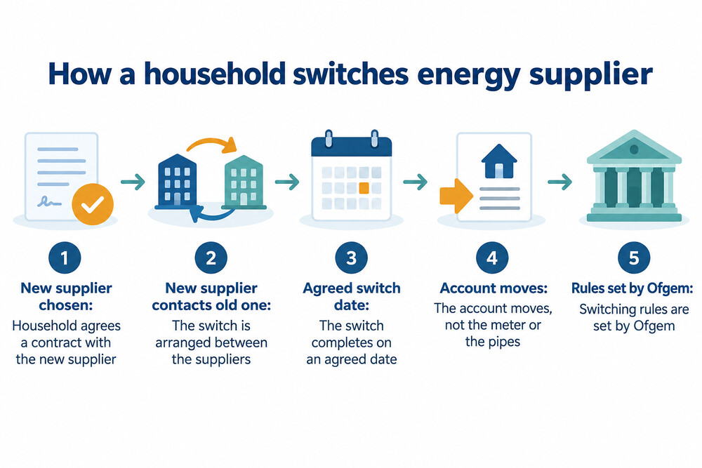 A simple diagram of a household switching energy supplier, showing the new supplier contacting the old one and the switch completing on an agreed date