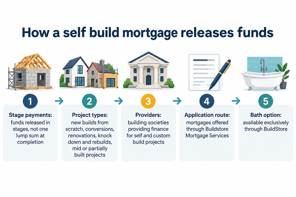 A diagram showing how a self build mortgage releases money in stages as the build progresses