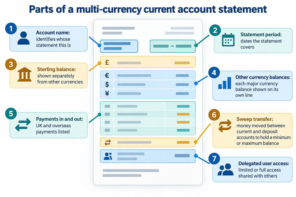 A private bank current account statement showing several currency balances side by side