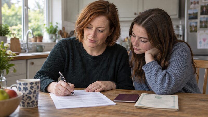 A parent and child completing a junior savings application form at a kitchen table