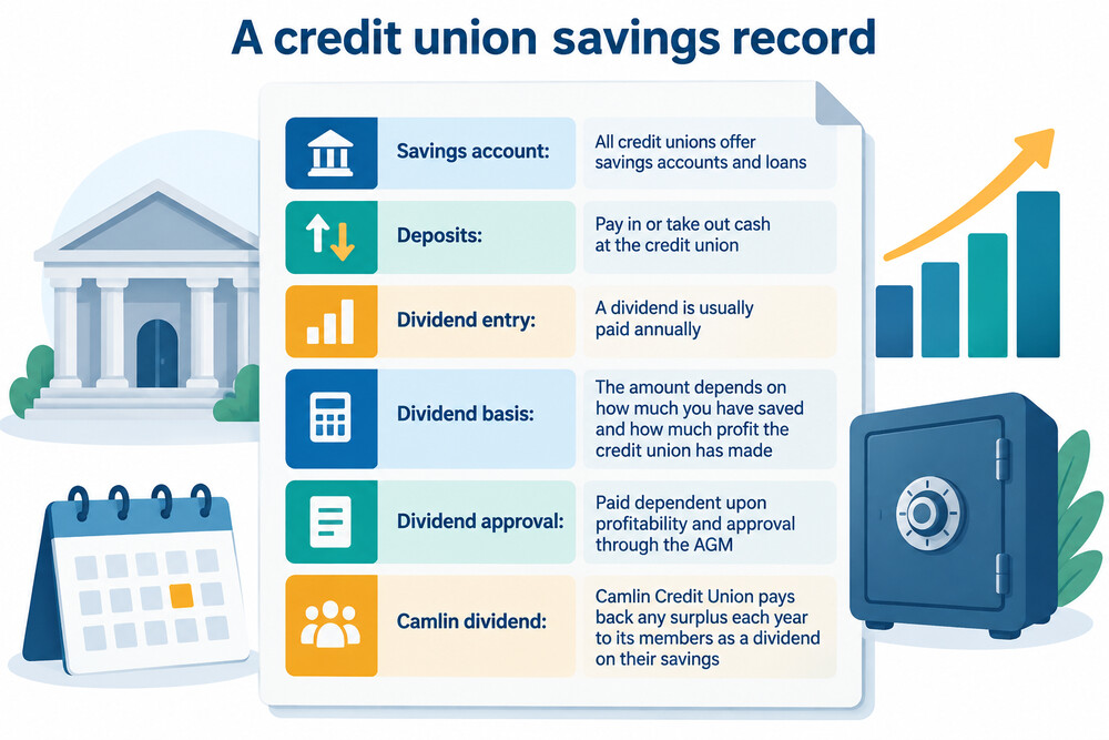 A credit union passbook or statement showing savings and a dividend entry
