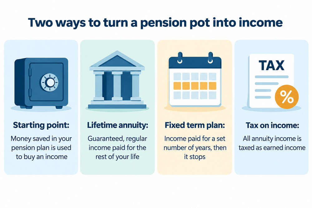 A side-by-side illustration comparing a lifetime annuity, which pays income until death, with a fixed term annuity, which pays income for a set period