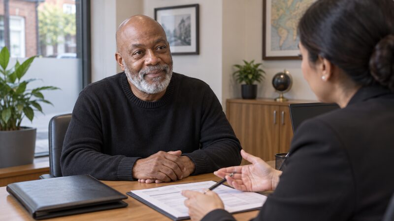 A branch counter with a customer speaking to staff about opening a fixed deposit account