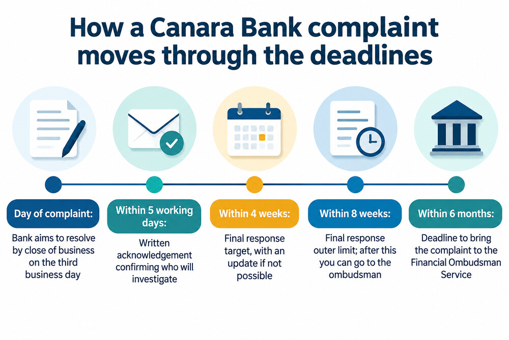A timeline showing a complaint from day one through acknowledgement, four weeks, eight weeks and the six-month ombudsman deadline