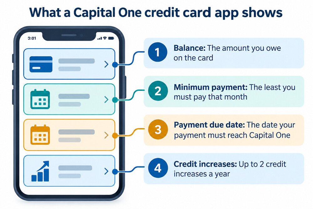 A Capital One credit card and the app screen showing a balance and payment due date