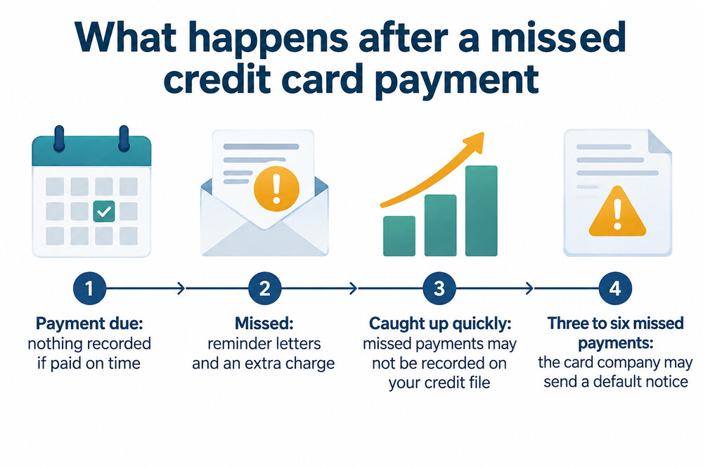 A timeline showing a missed payment, a reminder, a late payment marker and a default notice