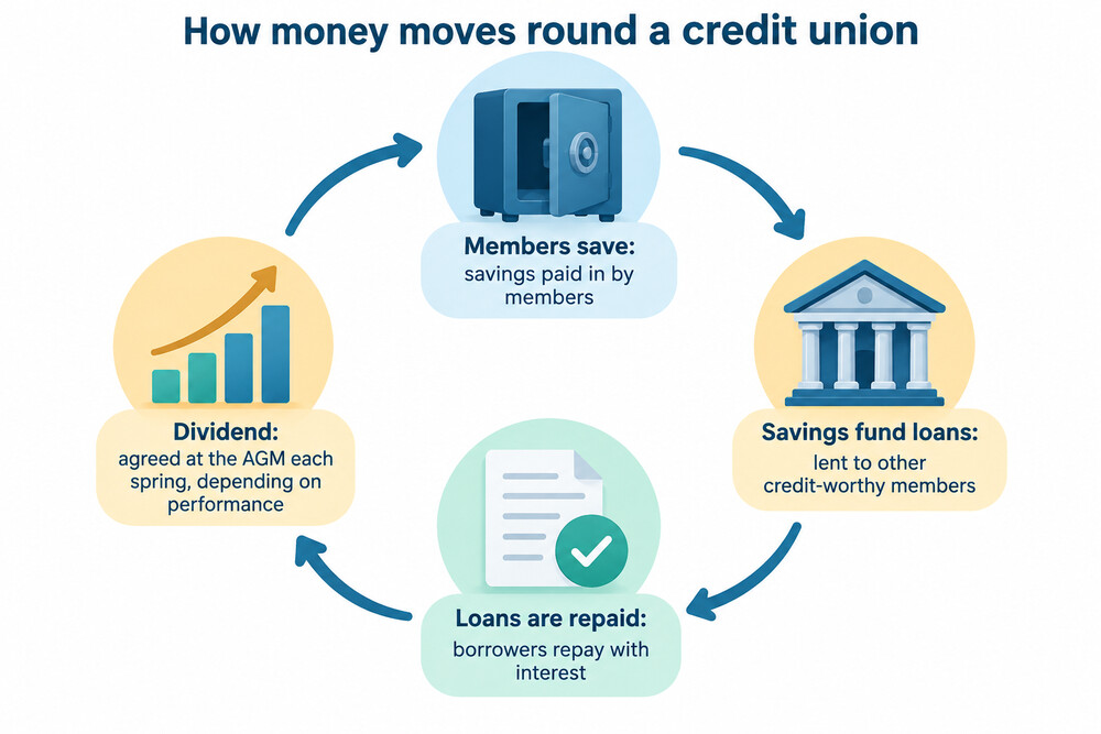 A simple picture of members paying savings into a credit union, the credit union lending to other members, and loan repayments funding a dividend back to savers