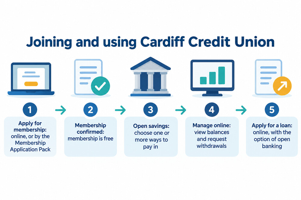 A step-by-step view of joining Cardiff Credit Union: become a member, open savings, then apply for loans online