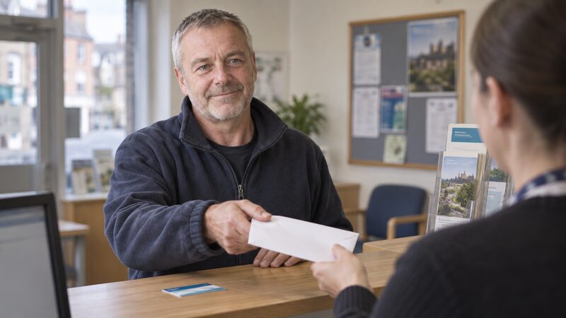 A member paying into a credit union at a local branch counter