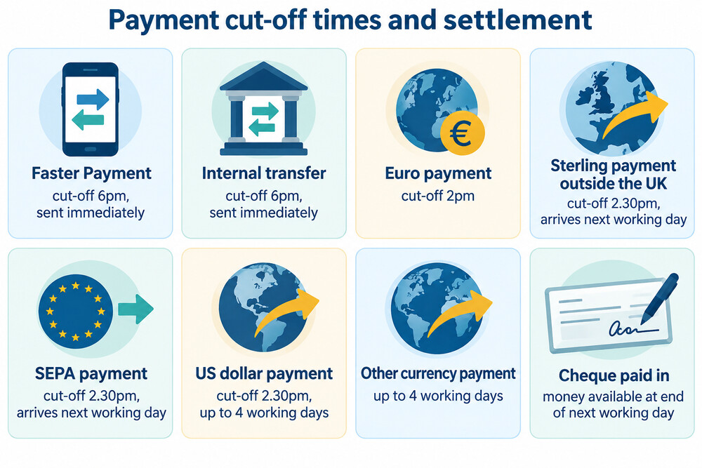 A table of payment cut-off times and settlement days for phone and online banking