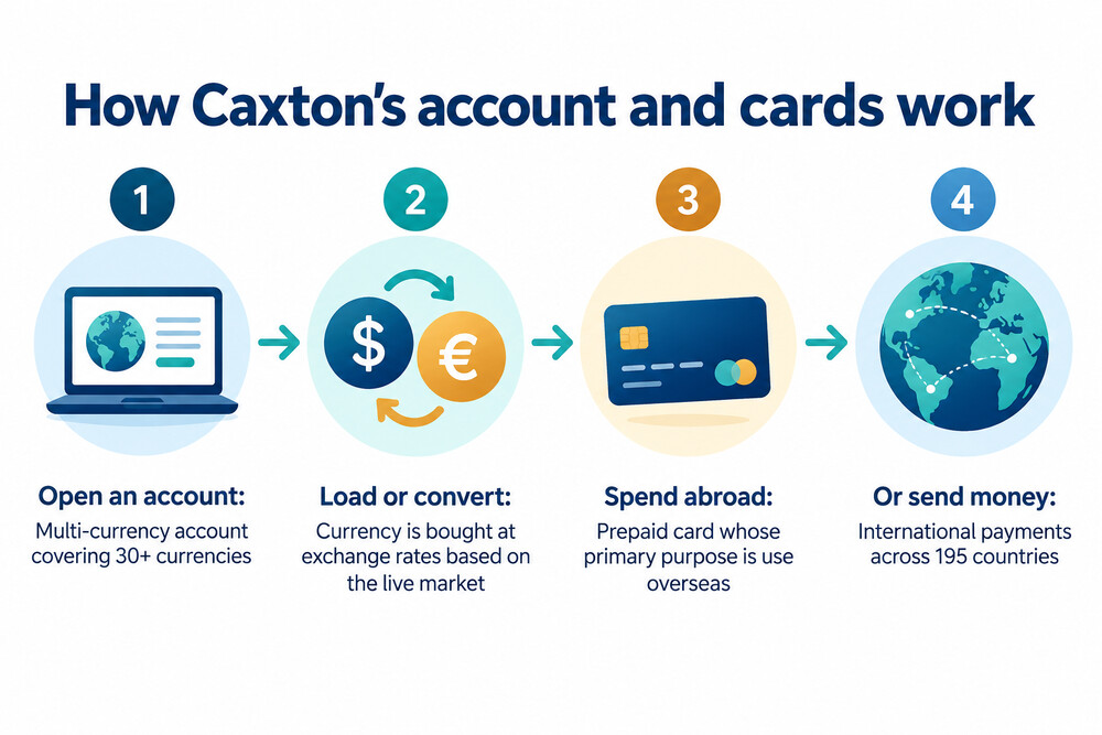 A Caxton prepaid currency card next to a phone showing the Caxton app