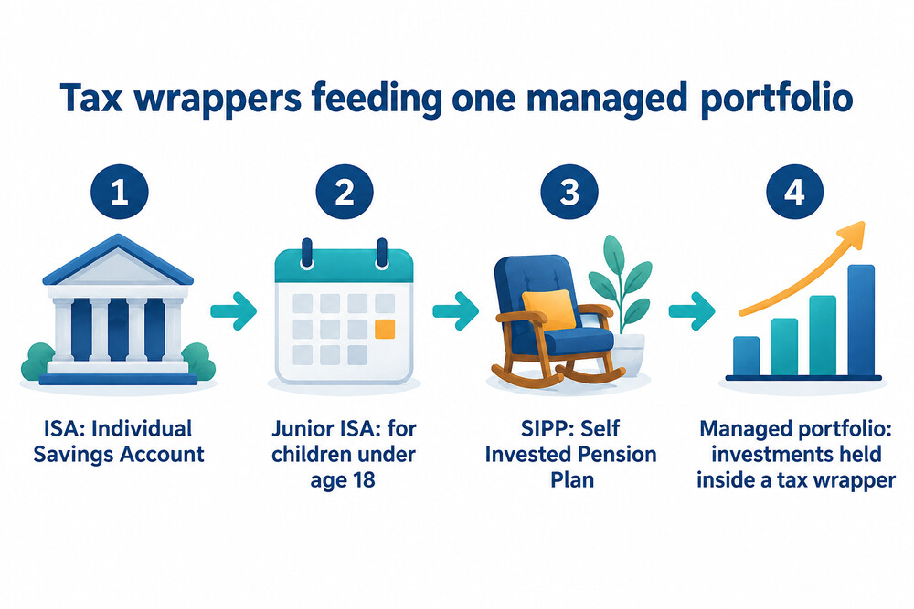 A simple diagram showing an ISA, a Junior ISA and a SIPP as three labelled boxes feeding into one managed portfolio
