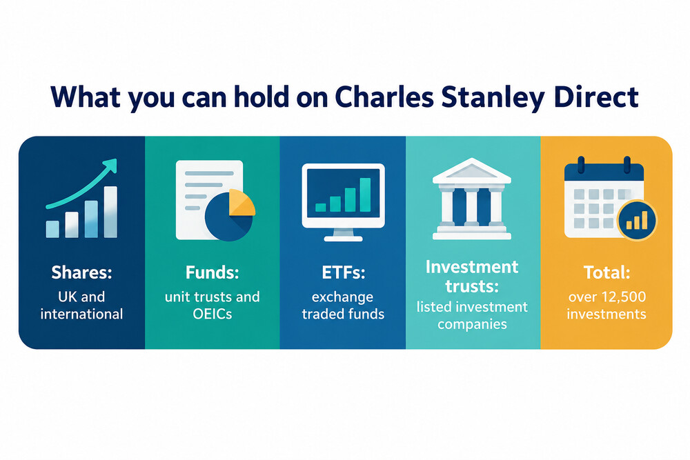 A screenshot of the Charles Stanley Direct investment search screen showing the range of shares, funds and ETFs