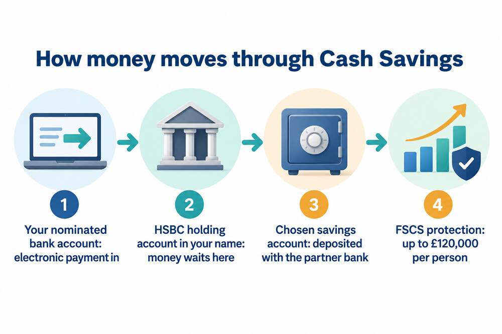 How money moves from a customer's bank into chosen savings accounts through the Cash Savings platform