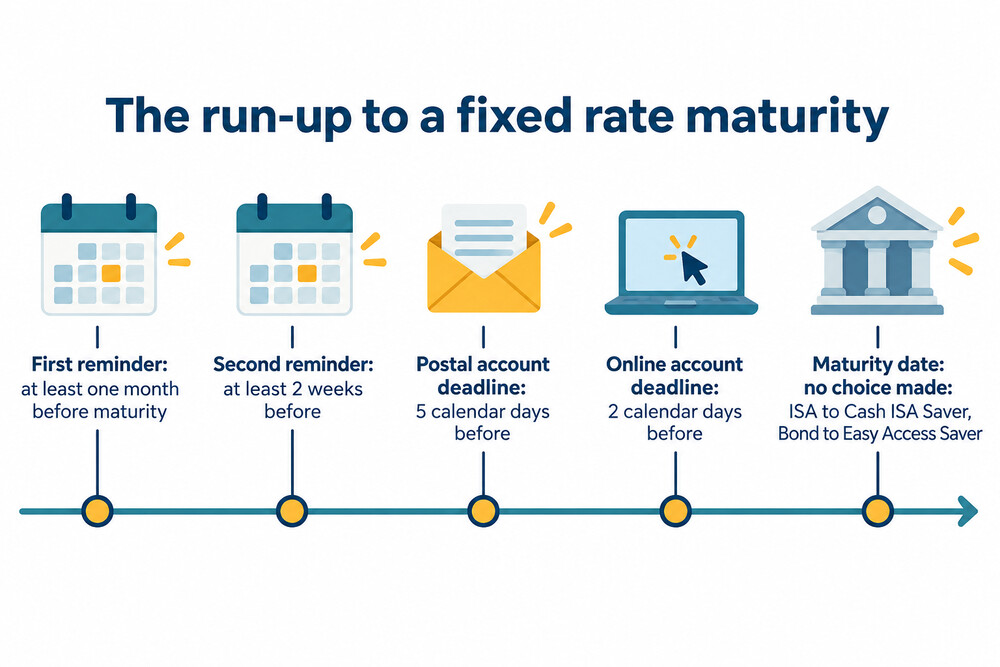 Timeline of reminders and deadlines before a Charter Savings Bank fixed rate account matures