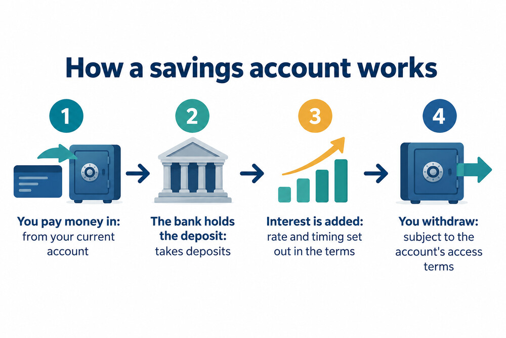 A diagram showing money moving from a saver's bank account into a savings account and interest being added