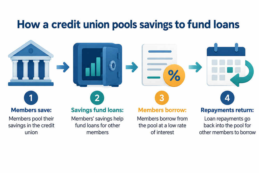 A simple diagram showing member savings pooling to fund loans to other members