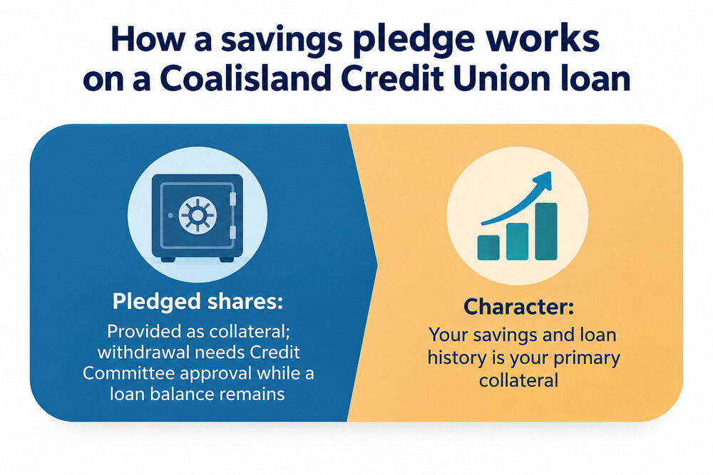 A simple diagram showing a member's savings account with 10% of the loan amount pledged as collateral while the loan runs