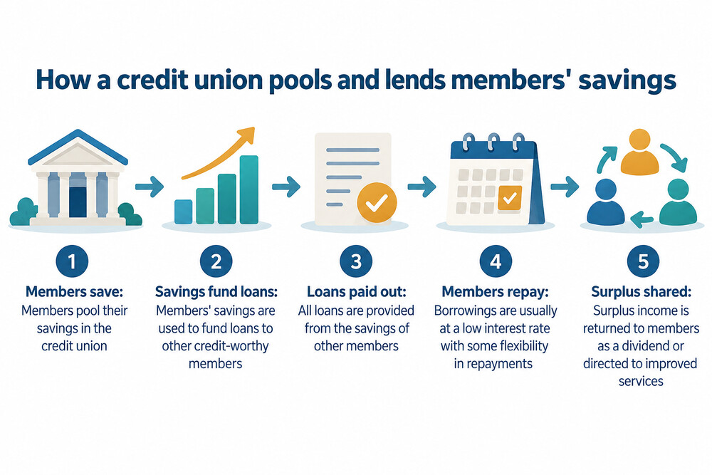 A simple diagram showing money flowing from member savings into loans to other members