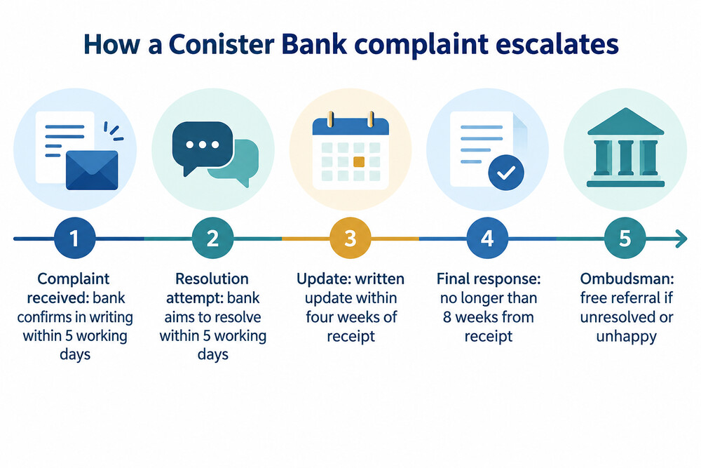 A complaints timeline showing the bank's eight week window before the Financial Ombudsman Service can be approached