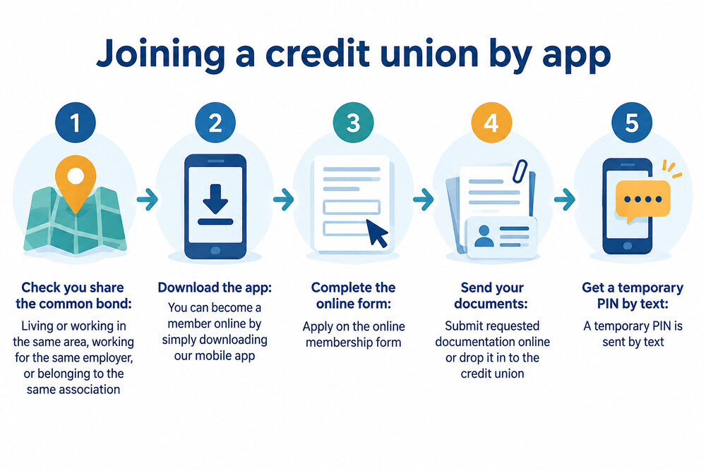 A smartphone screen showing a credit union app's Join Now button and the steps that follow