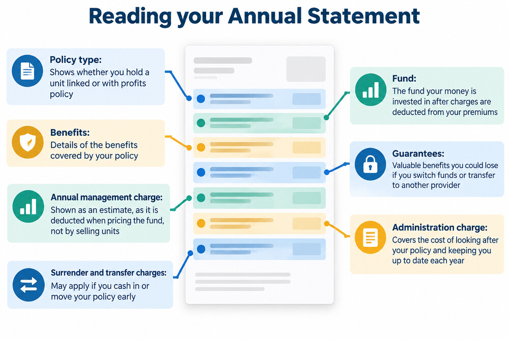 A sample Annual Statement showing where policy type, fund, charges and guarantees appear