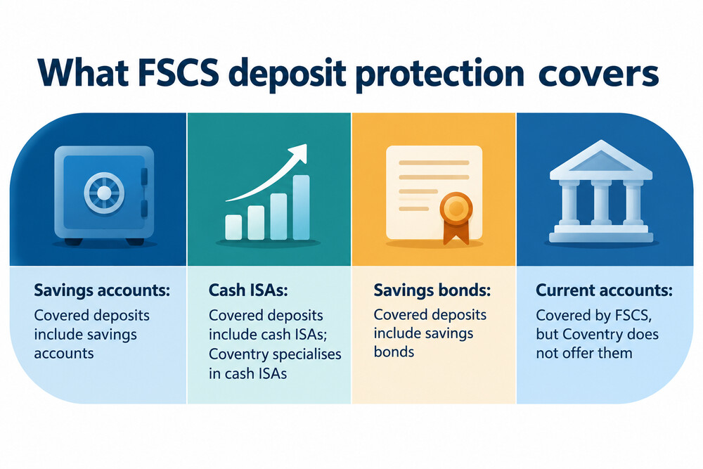 An illustration of the FSCS deposit protection badge next to a Coventry savings account passbook
