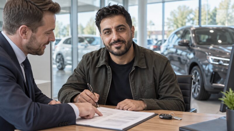 A car buyer in a dealership signing a finance agreement, with the lender's name visible on the paperwork