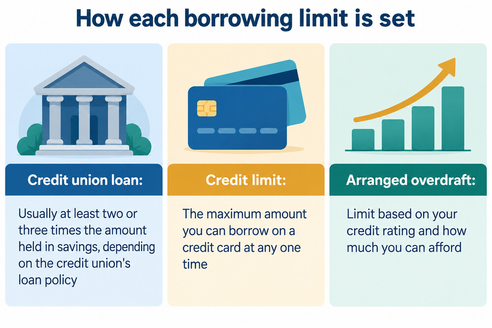 A simple comparison of how a credit builder loan, a credit builder card and a credit union loan each set a borrowing limit