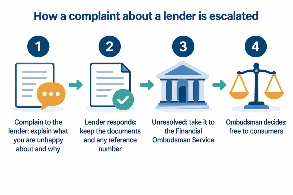 The route a complaint takes from the lender to the Financial Ombudsman Service