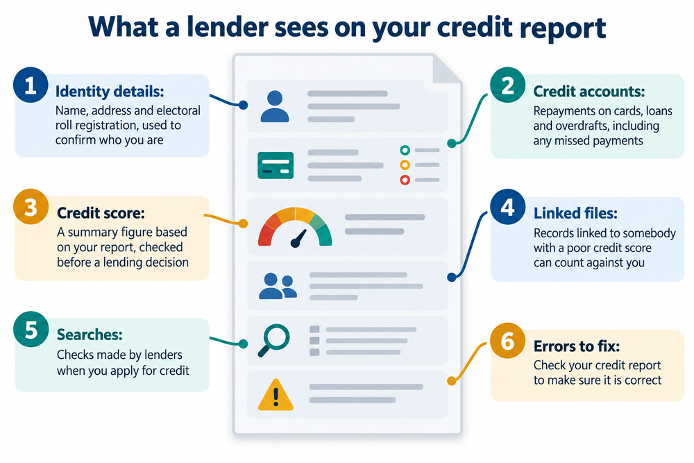 A credit report showing the sections a lender checks before deciding whether to approve a loan