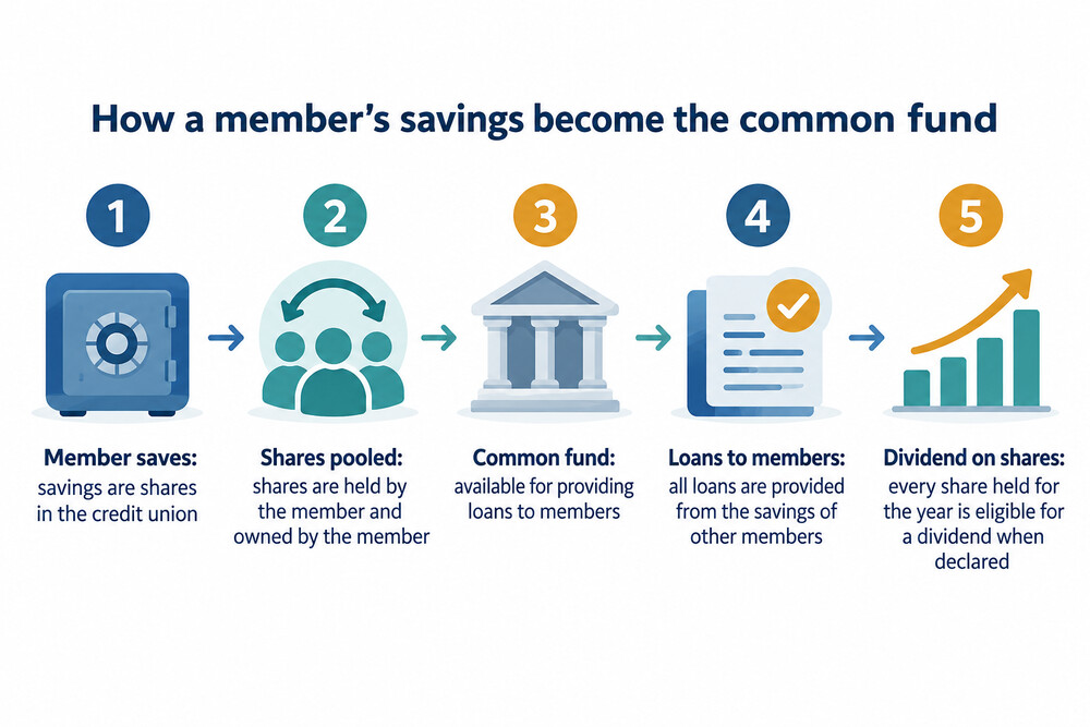 A simple diagram showing a member's savings becoming shares in the credit union and feeding the common fund