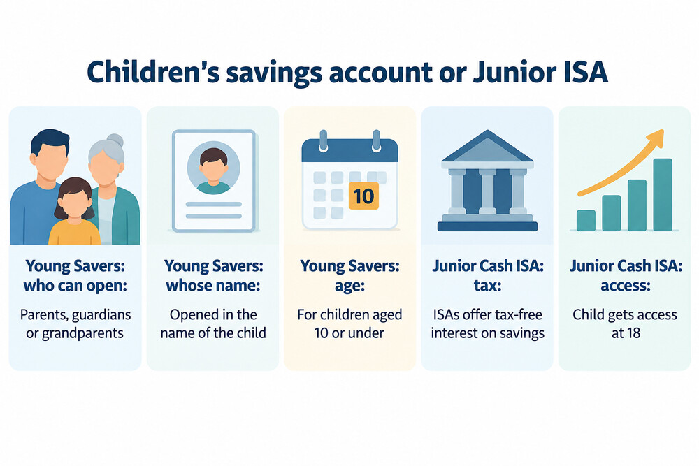 A collection of children's savings passbooks and a birth certificate, the documents needed to open a Young Savers account