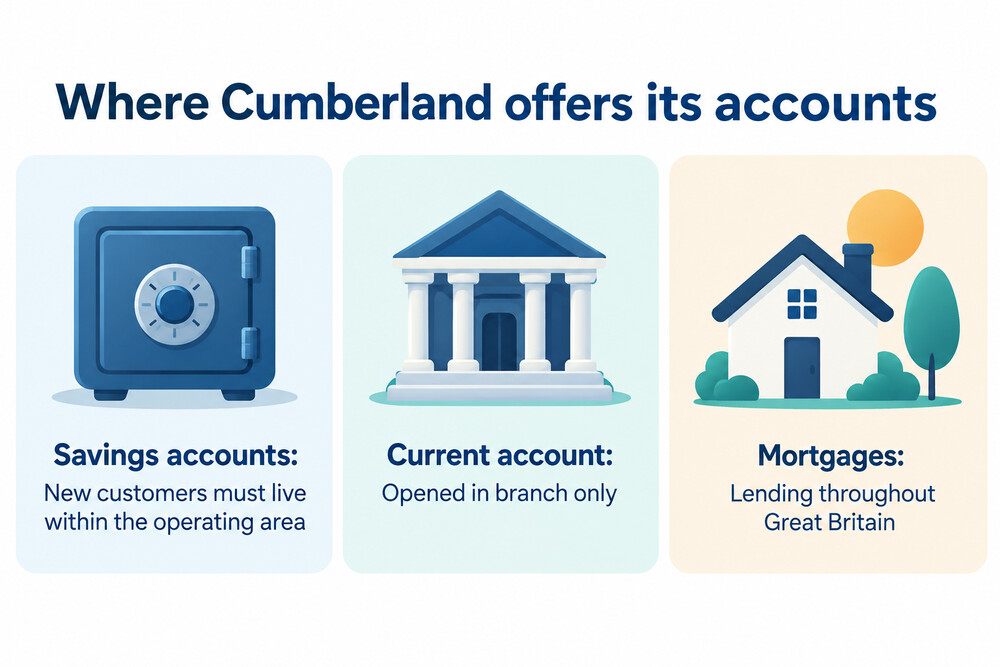 A map showing the region of north west England and south west Scotland where Cumberland Building Society accepts new savings and current account customers