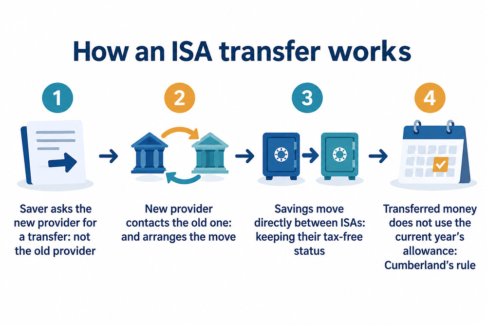 A flow diagram showing an ISA transfer moving from an old provider to a new one without passing through the saver's bank account