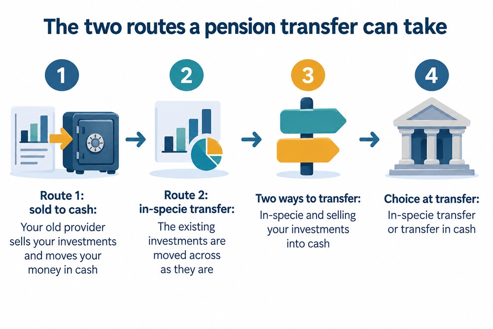 A diagram showing the two ways a pension transfer can be made: sold to cash, or moved as it is