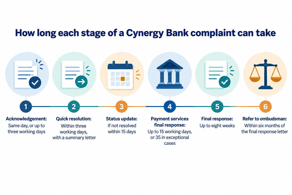 Timeline of a Cynergy Bank complaint from acknowledgement to the ombudsman