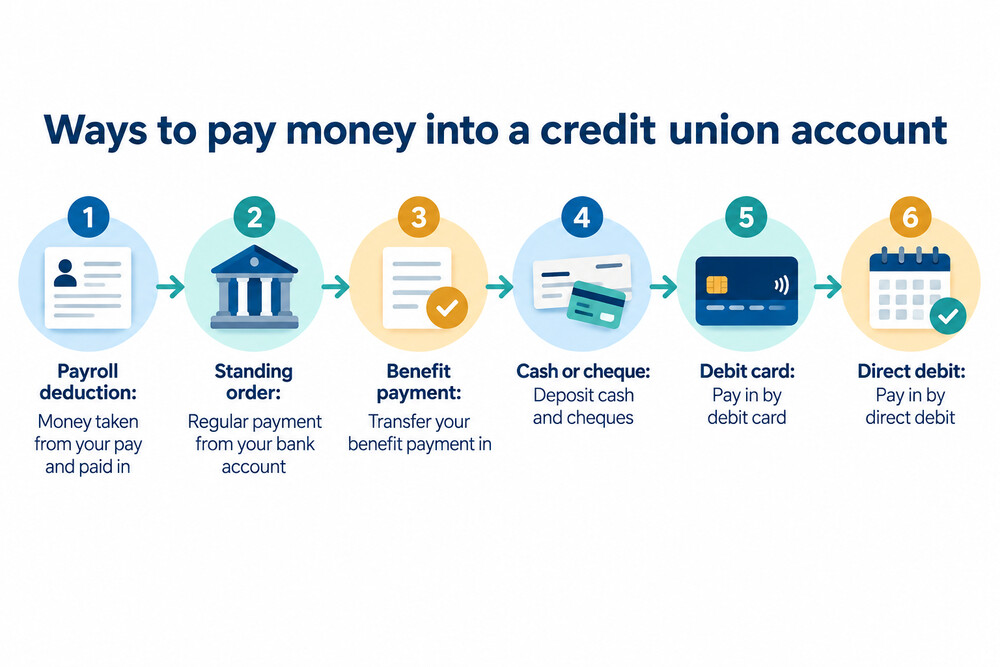 A diagram showing the different routes money can take into a credit union account, including payroll deduction, standing order, benefit payment and in-branch cash