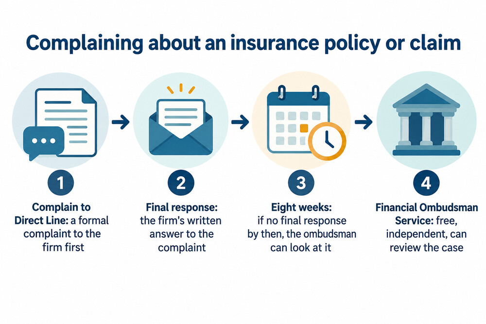The route for an insurance complaint, from the insurer to the Financial Ombudsman Service
