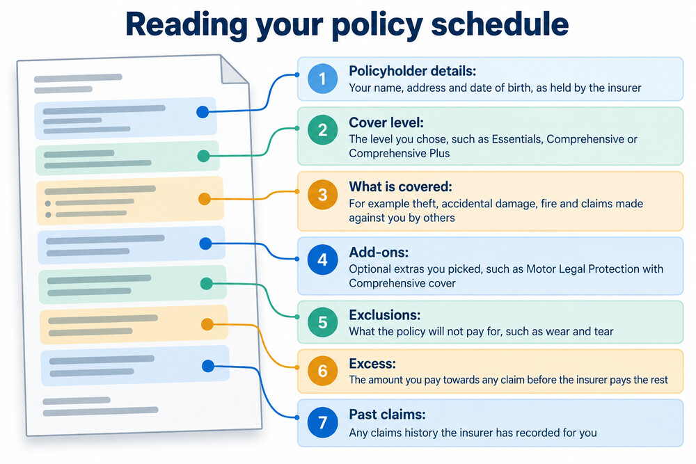 An insurance policy schedule document, showing the cover details a customer receives after buying