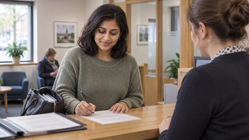 A Dudley Building Society ISA transfer form being completed at a branch counter