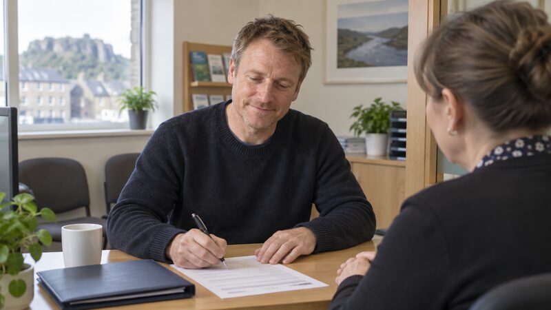 A member completing a loan application form at a credit union counter